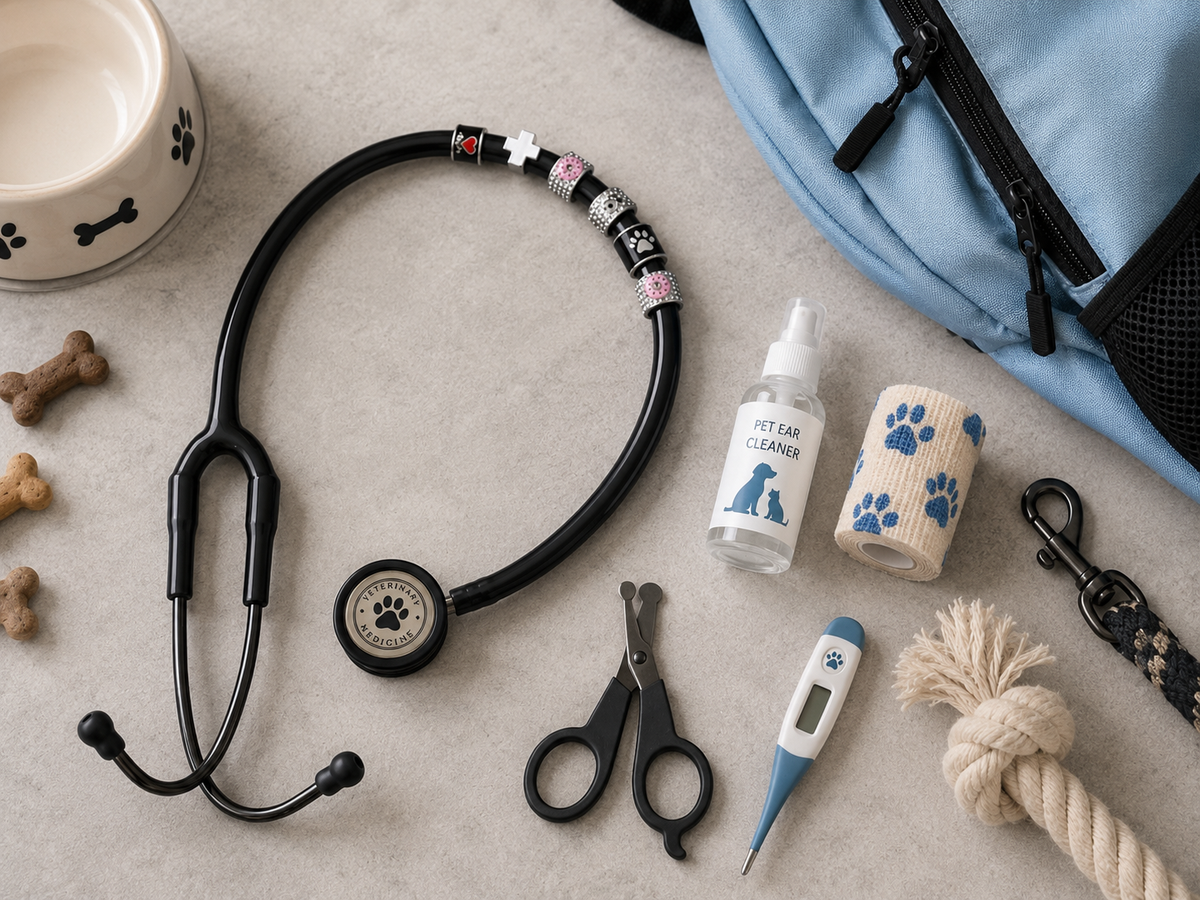 Black stethoscope with veterinary-themed charms displayed alongside pet care supplies, bandages, treats, and a veterinary student backpack on a neutral tabletop.