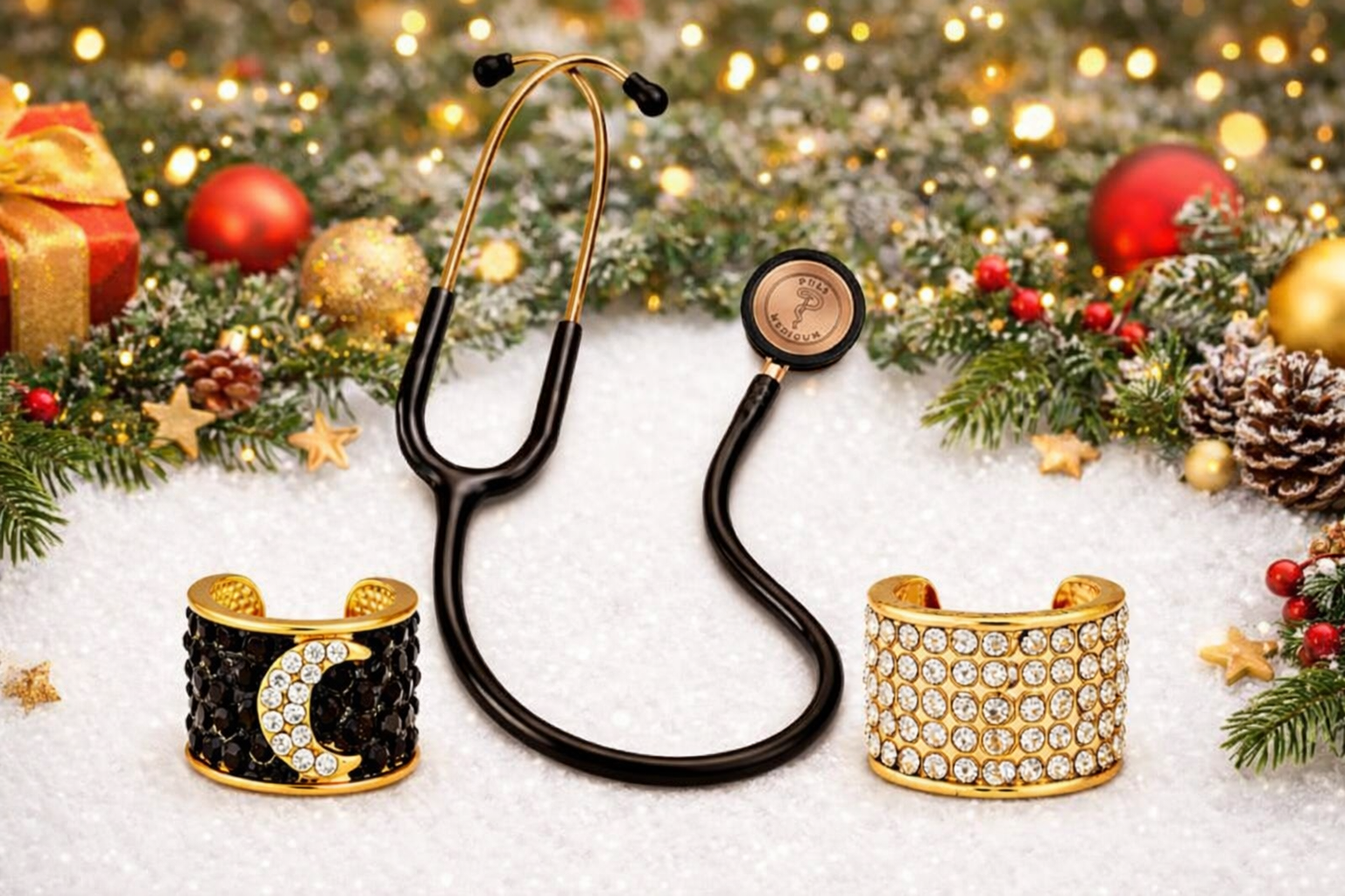 Luxury black and gold stethoscope styled with crystal stethoscope charms in a festive Christmas holiday banner with greenery, ornaments, and soft lights.