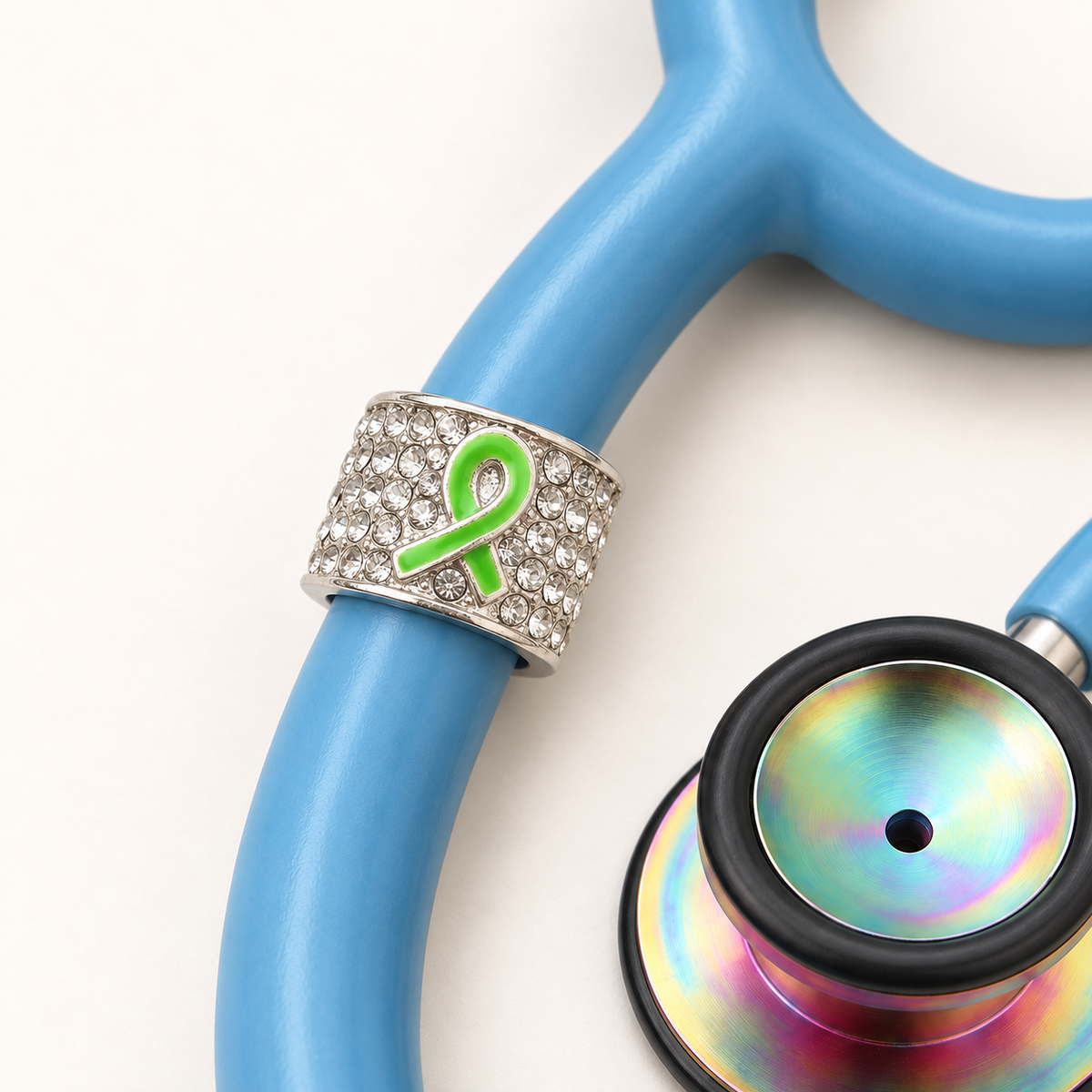 Lime Ribbon Stethoscope Charm close-up on blue stethoscope