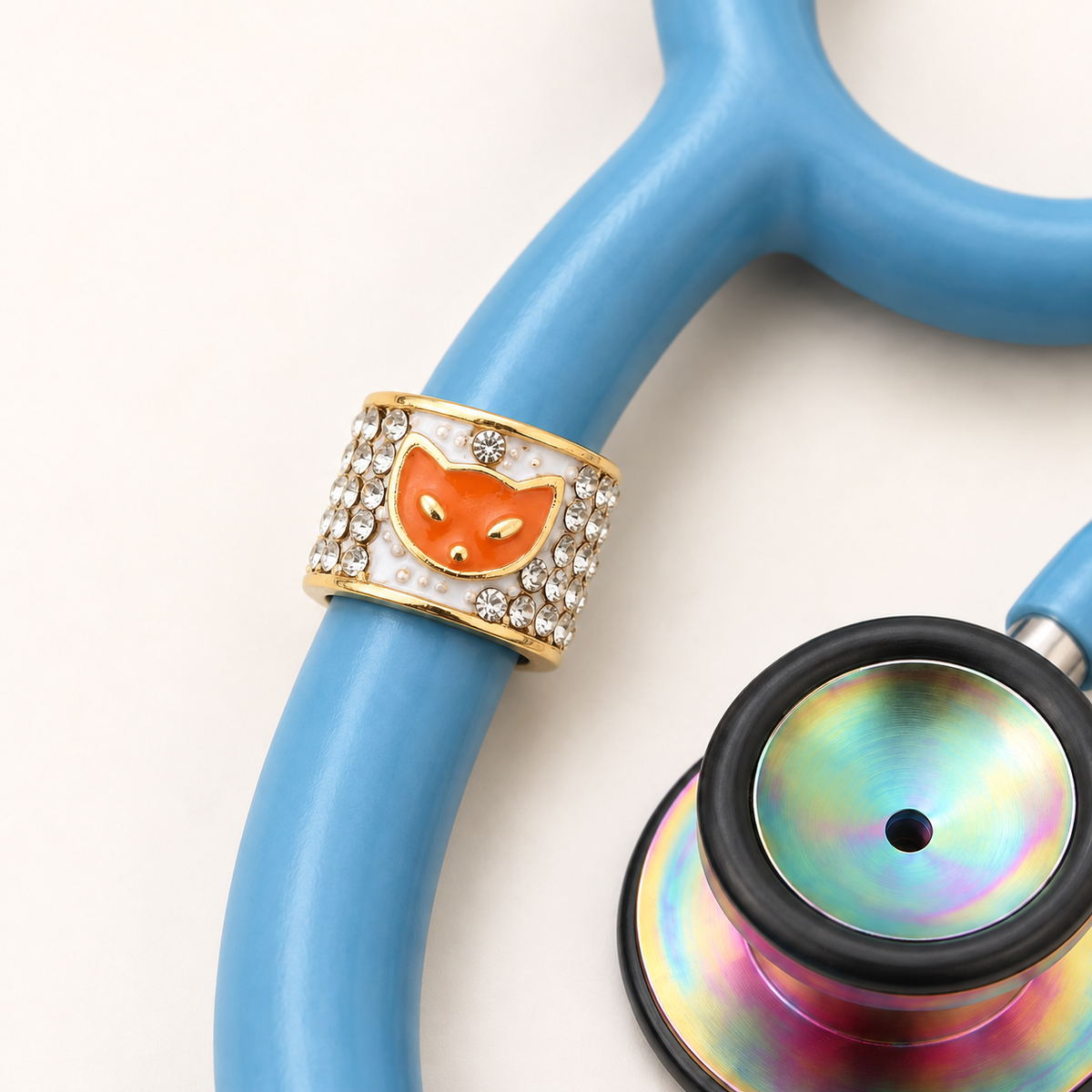 Cat Stethoscope Charm close-up on blue stethoscope