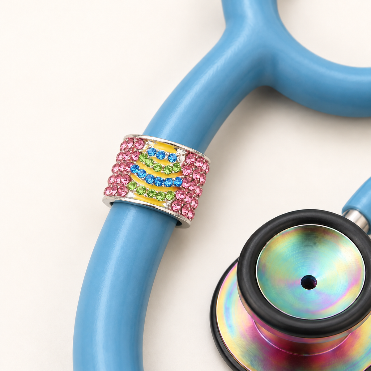 Easter Egg Stethoscope Charm close-up on blue stethoscope