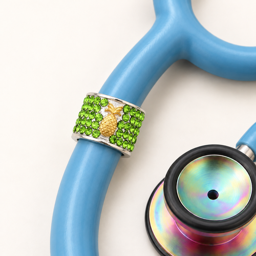 Pineapple Stethoscope Charm close-up on blue stethoscope