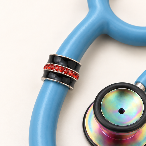 Thin Red Line of Courage Stethoscope Charm close-up on blue stethoscope