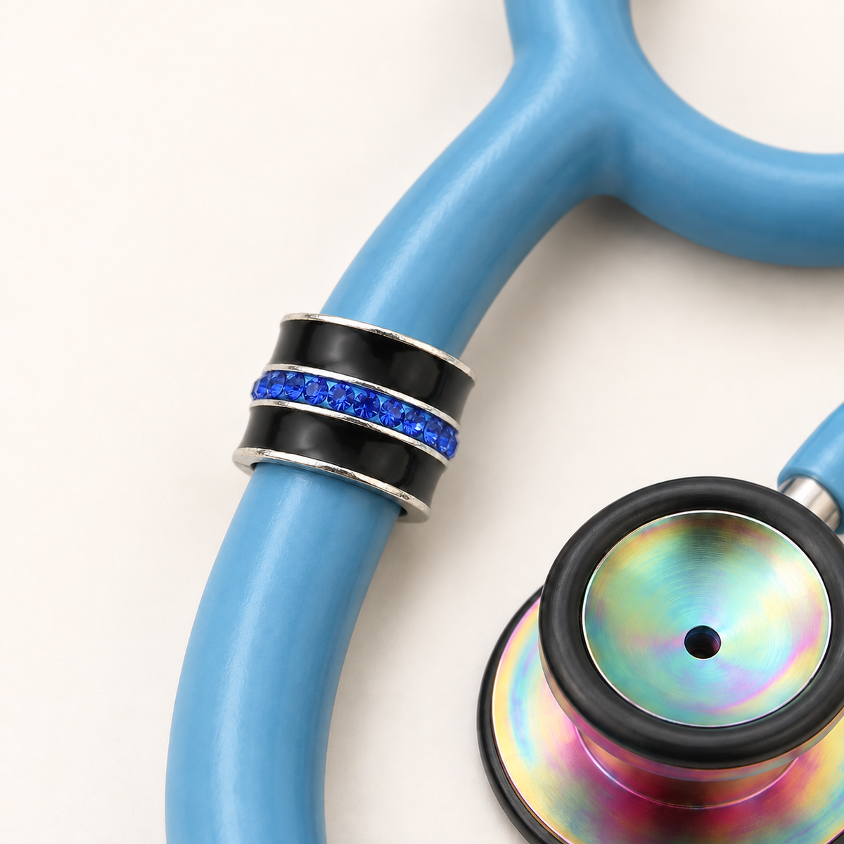 Thin Blue Line Stethoscope Charm close-up on blue stethoscope