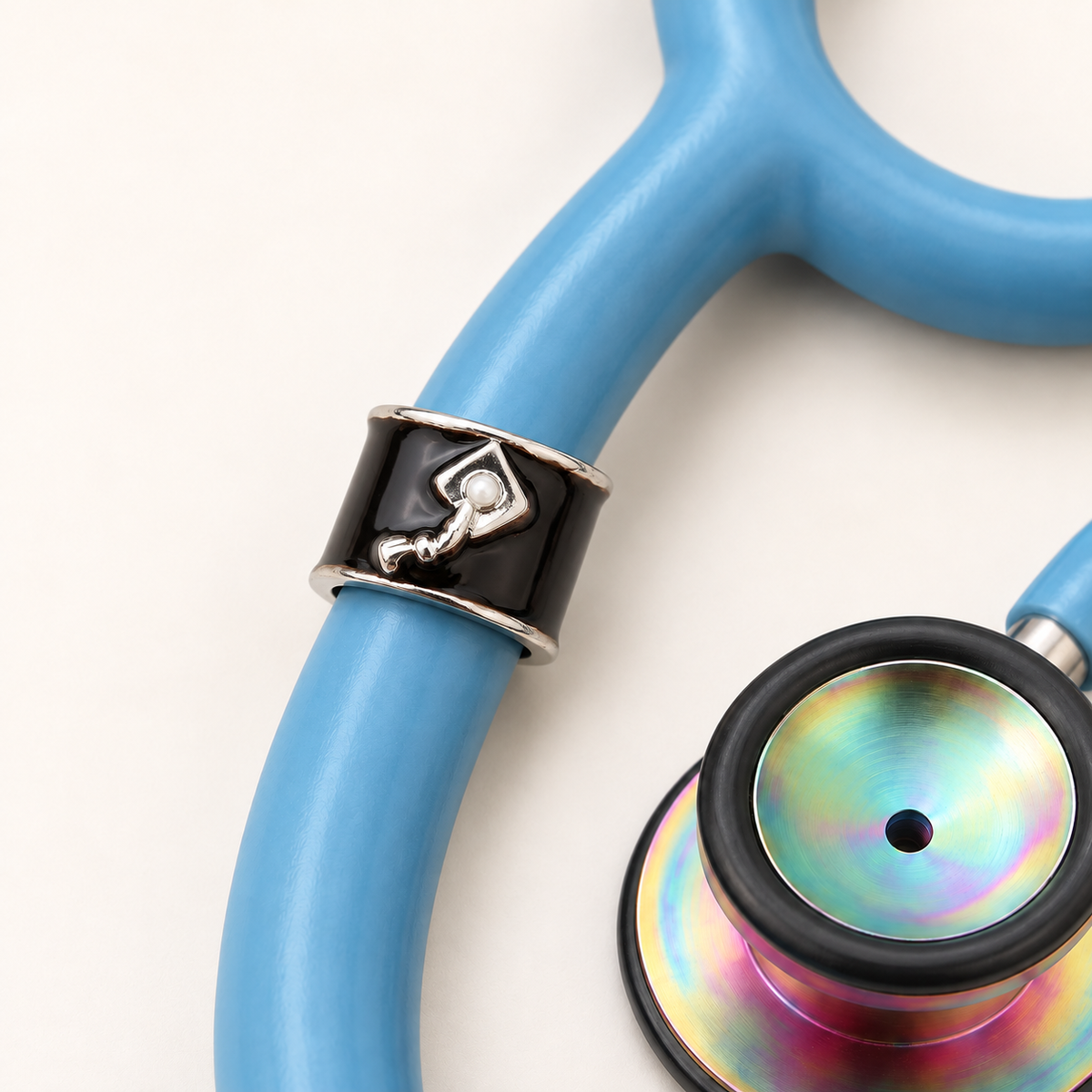 Graduation Hat Stethoscope Charm close-up on blue stethoscope
