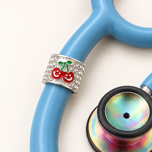 Cherrific Cherry Stethoscope Charm close-up on blue stethoscope