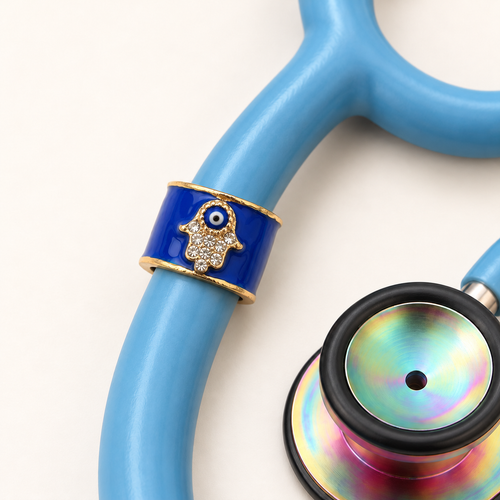 Hamsa Hand Stethoscope Charm close-up on blue stethoscope