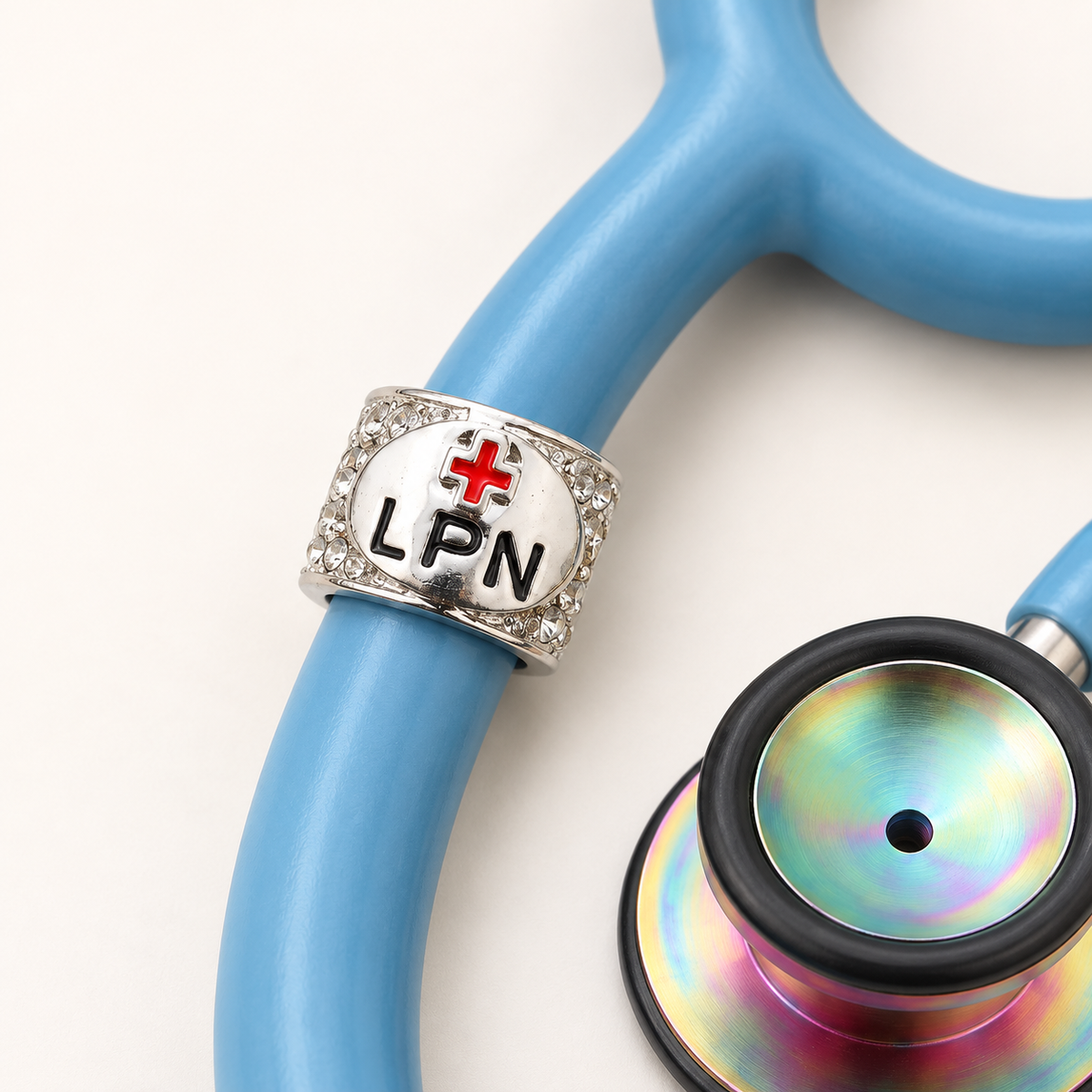 LPN stethoscope charm close up on blue tubing