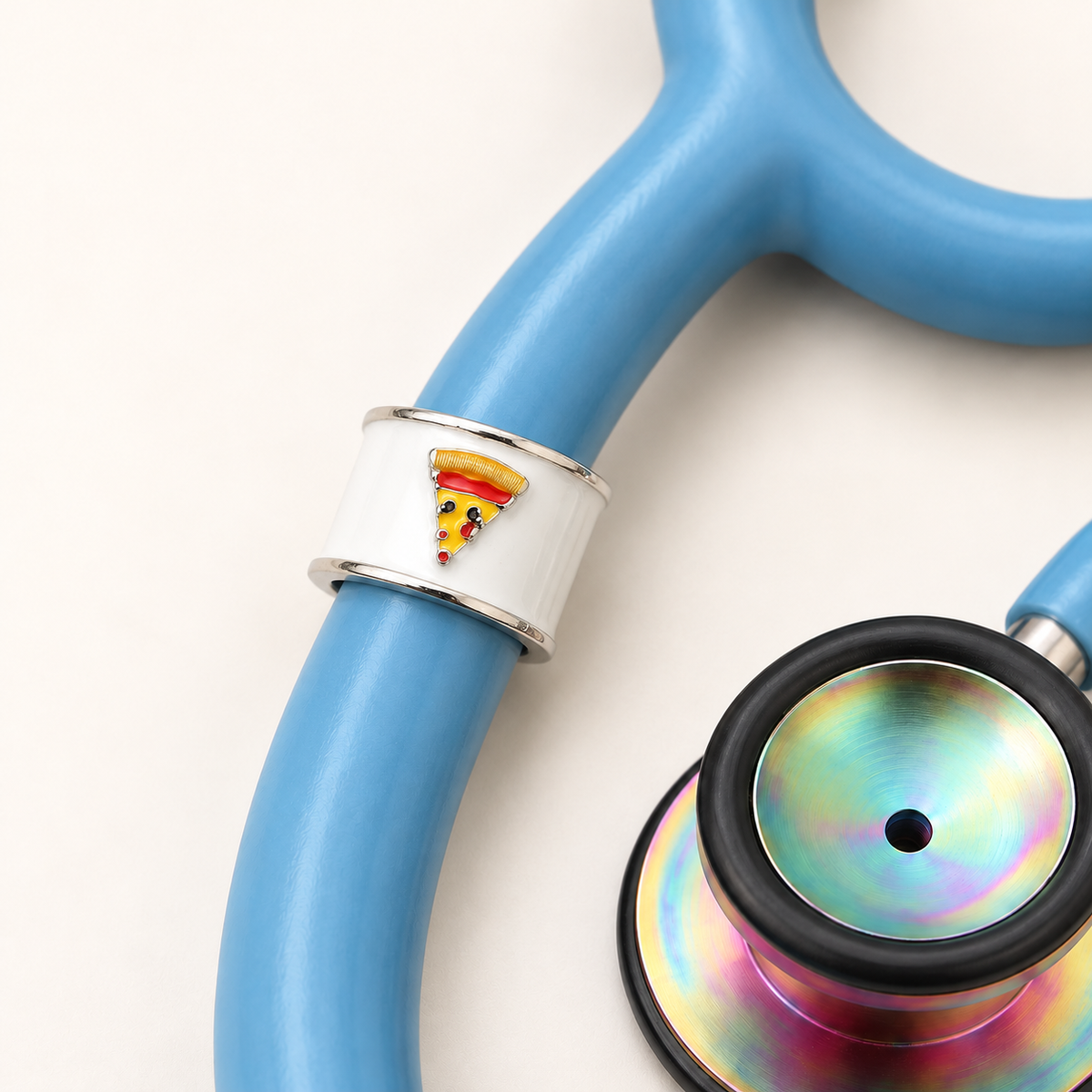 Passion for Pizza Stethoscope Charm close-up on blue stethoscope
