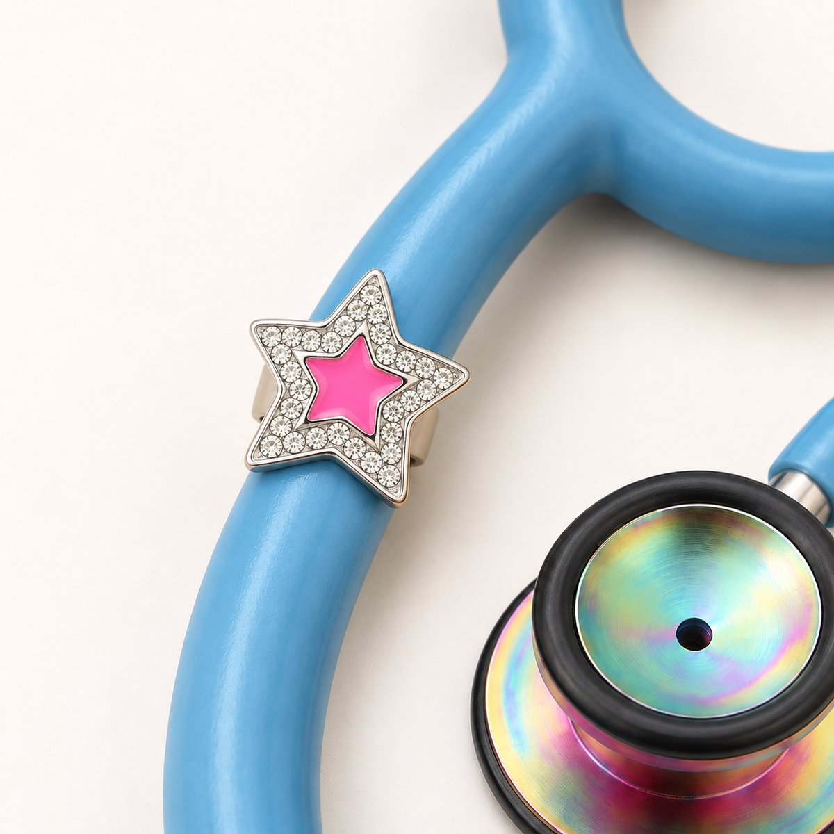 Super Star 3D Stethoscope Charm close-up on blue stethoscope